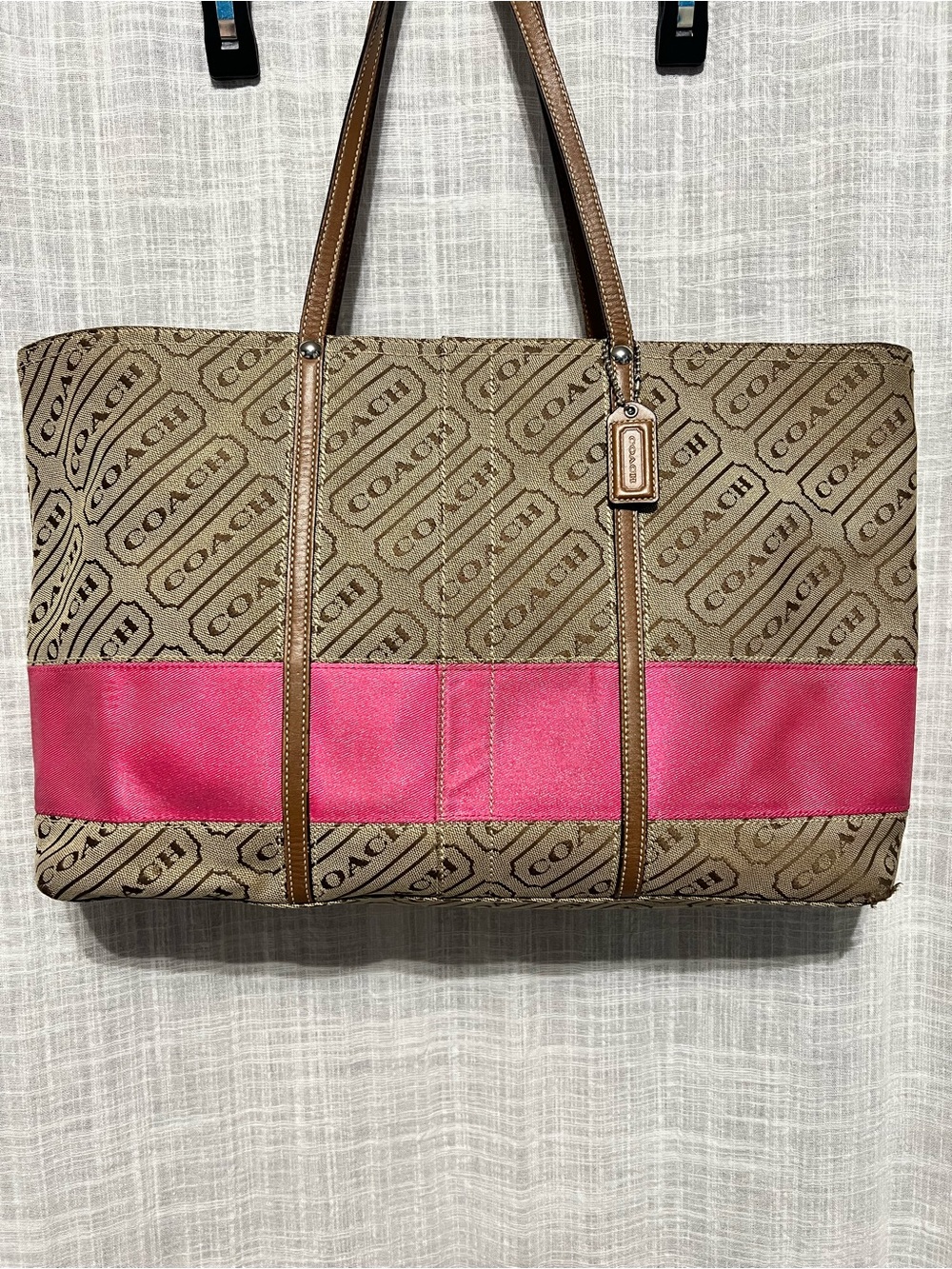Coach Brown Logo Tote with Pink Stripe